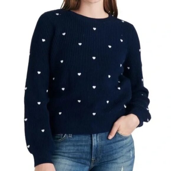 Lucky Brand White and Navy Blue Embroidered Heart Sweater - Picture 10 of 10